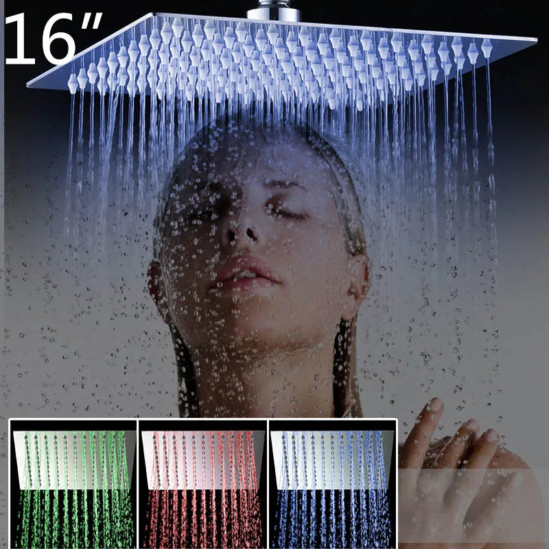 10 12 16 Inch LED Shower Head Square Romantic Bathroom Shower Head Temperature Control 3 Color Lights Ultrl Thin Shower head