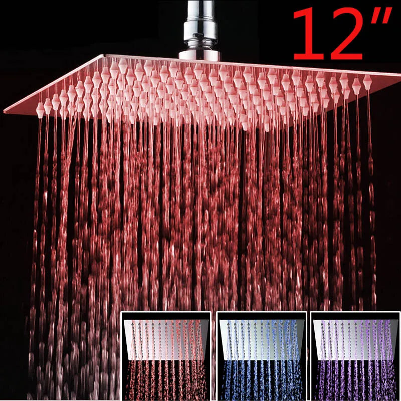 10 12 16 Inch LED Shower Head Square Romantic Bathroom Shower Head Temperature Control 3 Color Lights Ultrl Thin Shower head