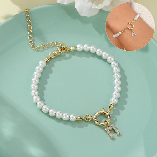2024 New Fashion Toggle Clasp Initial Bracelet Women A-Z Letter Pendant 6mm Pearl Bracelet For Women Jewelry Gift 22g