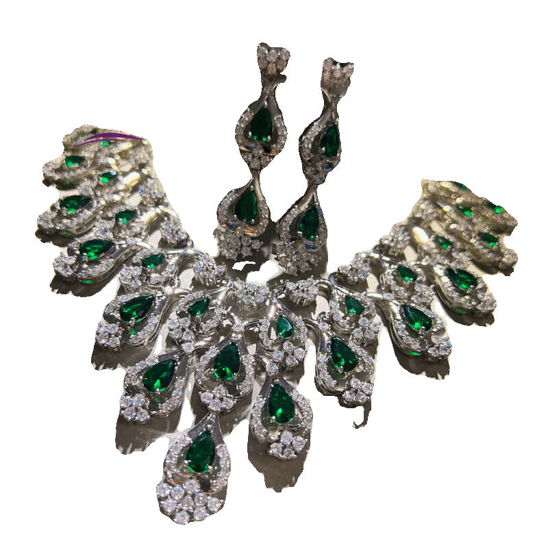 Green Zircon Evening Dress Accessories Necklace Earrings 80g