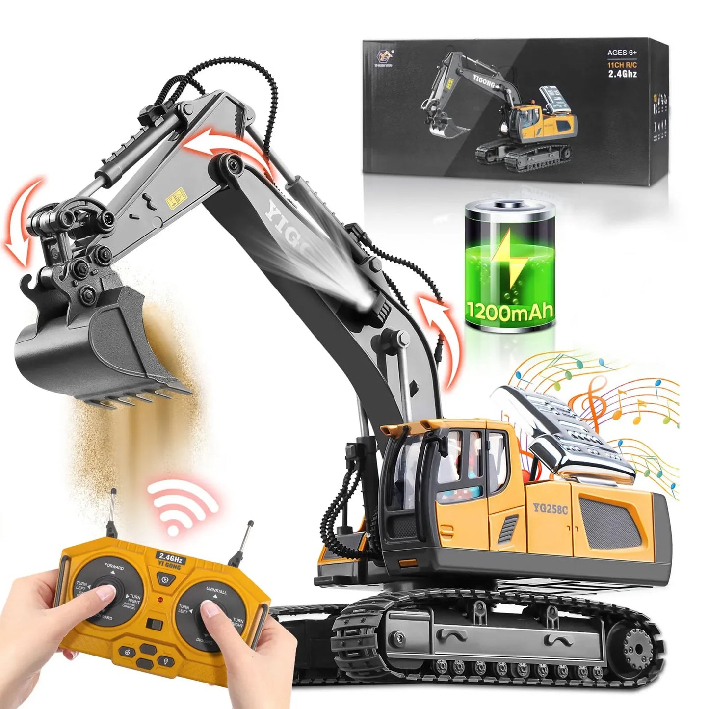 1/20 Remote Control Excavator 11 Channel RC Excavator Truck Toys 2.4Ghz Construction Vehicles with Metal Shovel Rotation for Kid