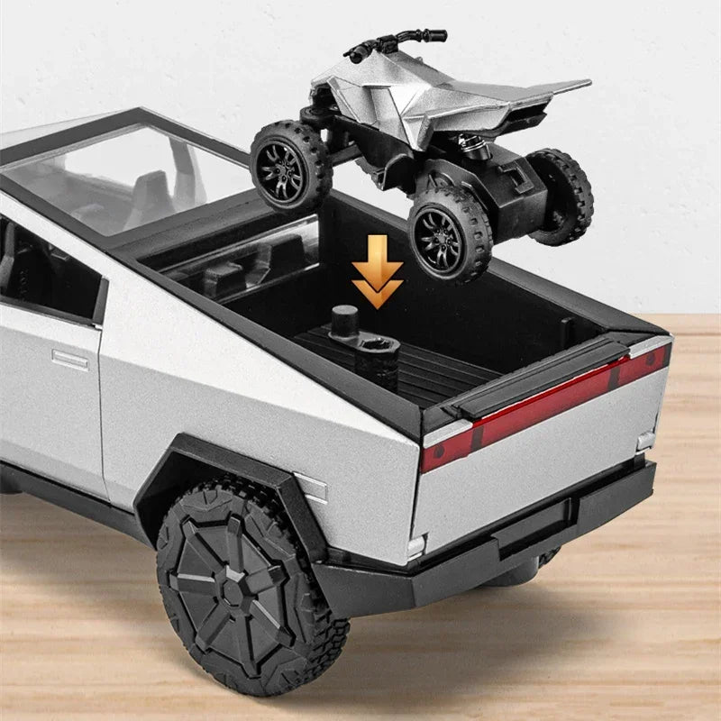 1/32 Teslas Cybertruck Pickup Alloy Car Model Diecast Metal Off-road Vehicles Truck Car Model Sound and Light Childrens Toy Gift