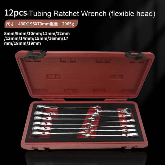 12pcs/set Tubing Ratchet Wrench Tubing Ratchet Combination Wrenches Flex/Fix Head Open End Wrench Oil Spanners