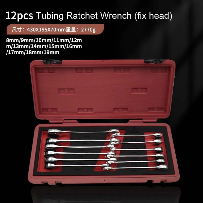 12pcs/set Tubing Ratchet Wrench Tubing Ratchet Combination Wrenches Flex/Fix Head Open End Wrench Oil Spanners