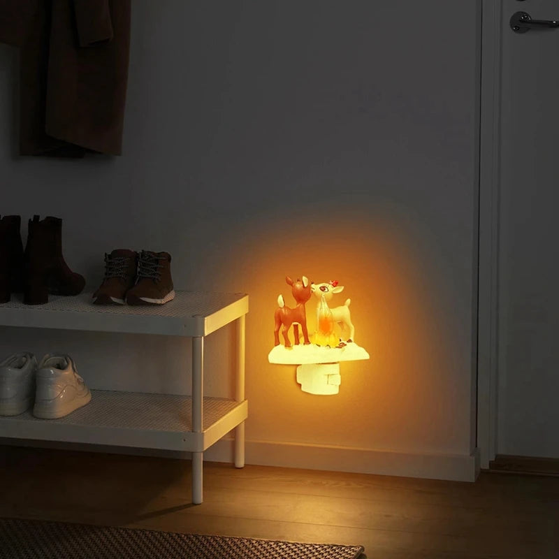 2 pezzi renna falò luce notturna renna luce notturna LED Faux Campfire Lamp decorazioni natalizie per camera da letto spina americana