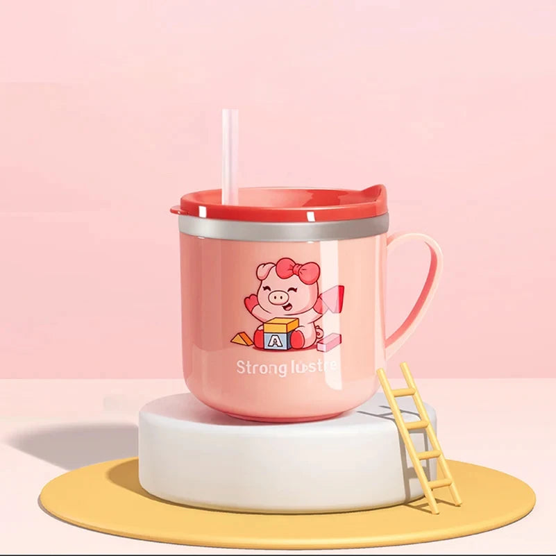 250ml/8.5oz Kids Drinking Feeding Straw Baby Cup with Lid&Straw and Anti Drop 304 Stainless Steel Milk Cup Cartoon One Hand Grip