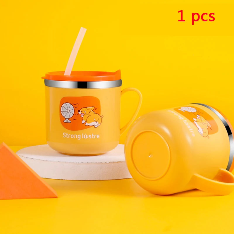 250ml/8.5oz Kids Drinking Feeding Straw Baby Cup with Lid&Straw and Anti Drop 304 Stainless Steel Milk Cup Cartoon One Hand Grip