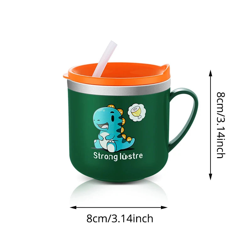 250ml/8.5oz Kids Drinking Feeding Straw Baby Cup with Lid&Straw and Anti Drop 304 Stainless Steel Milk Cup Cartoon One Hand Grip