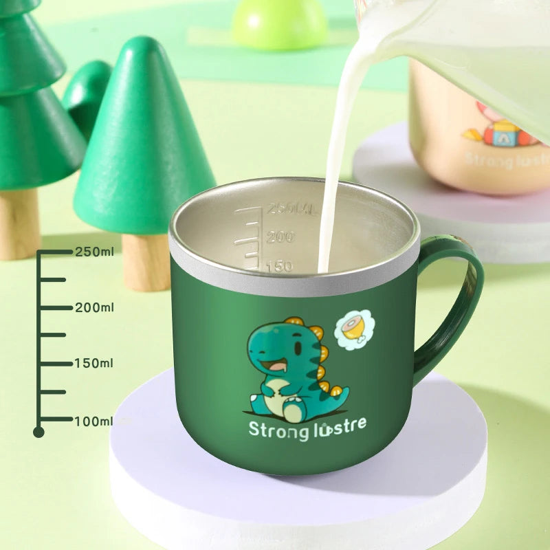 250ml/8.5oz Kids Drinking Feeding Straw Baby Cup with Lid&Straw and Anti Drop 304 Stainless Steel Milk Cup Cartoon One Hand Grip