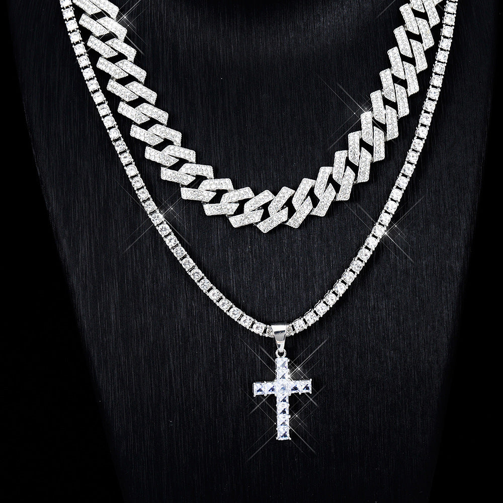 Zircon Cross Pendant Necklace Hip Hop Full Miami Curb Cuban Chain Iced Out Paved Rhinestones Bling Rapper Necklaces For Men Men's And Women's Clavicle Chain Jewelry 70g