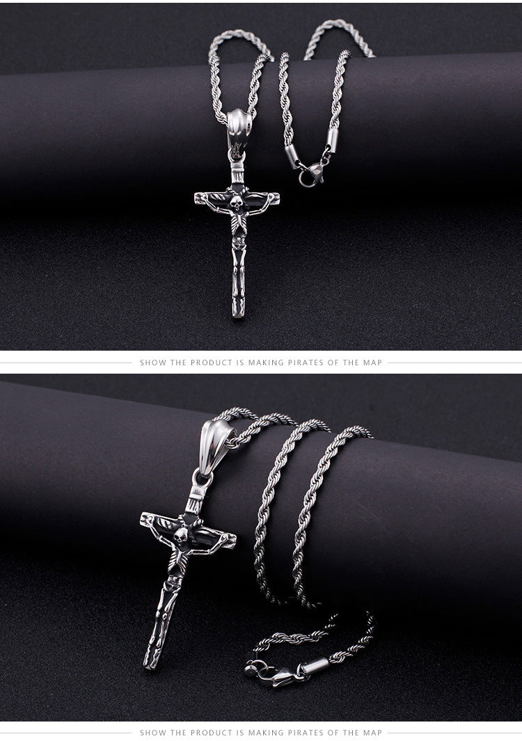 Retro Fashion Jewelry Cross Pendant Personality Cool Skull Men's Stainless Steel Pendant 20g