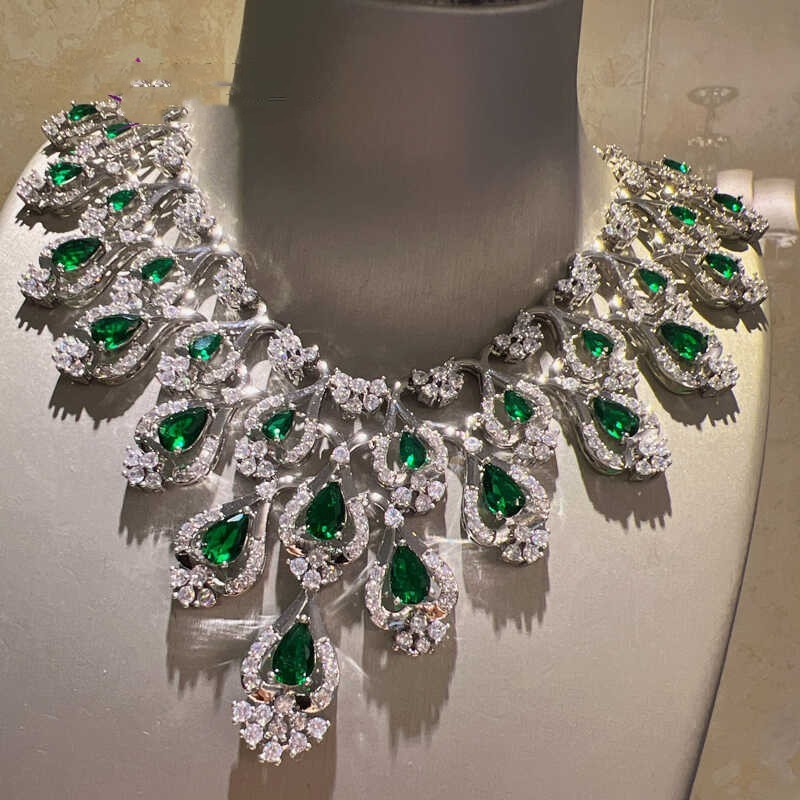 Green Zircon Evening Dress Accessories Necklace Earrings 80g