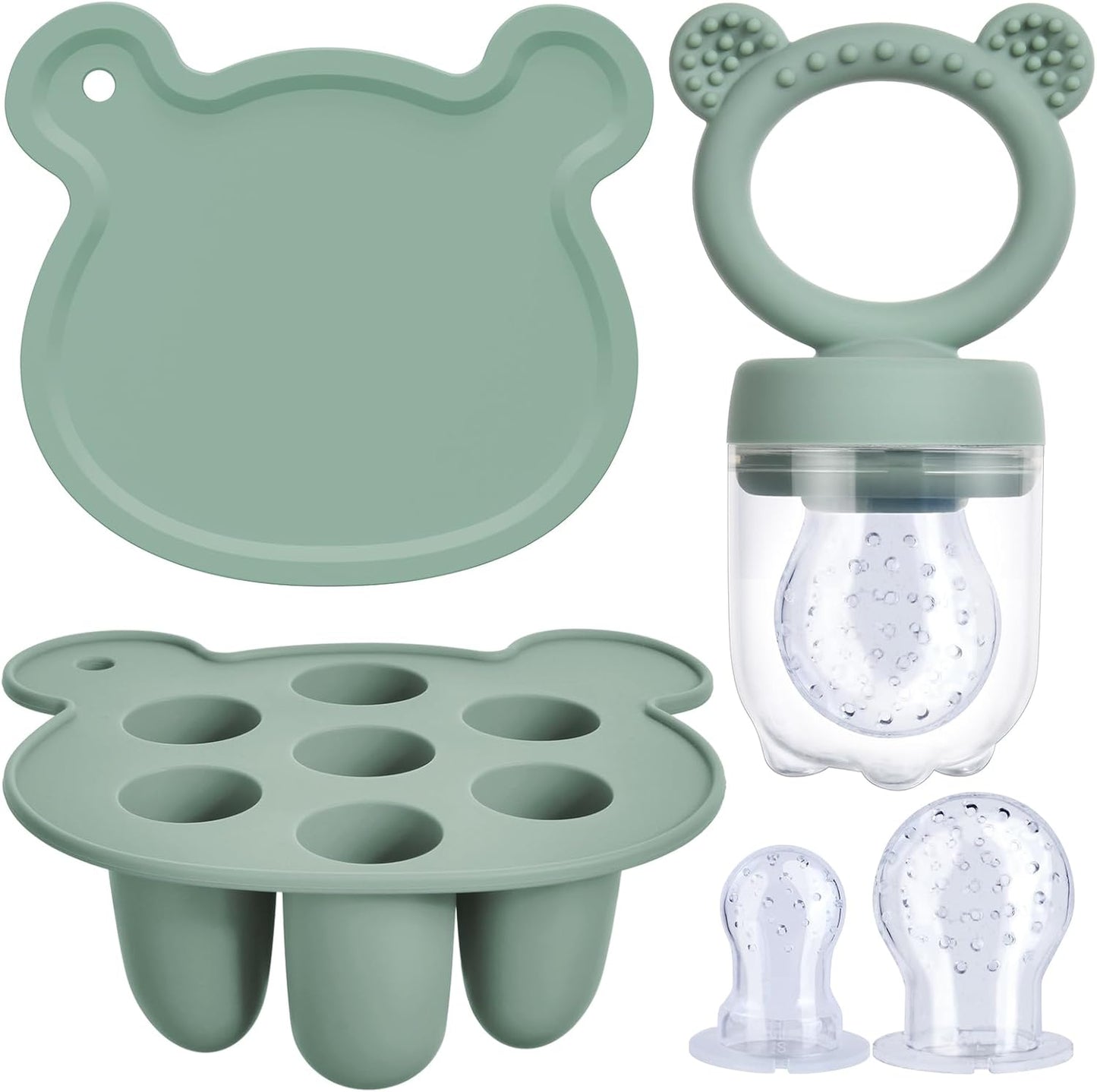 Aolso Baby fruktmat matare set, silikon baby fruktmatare napp & bröstmjölk glassformar mat frysbrickor, barnmat förvaringsbehållare matare för säker spädbarn självmatning (grön)