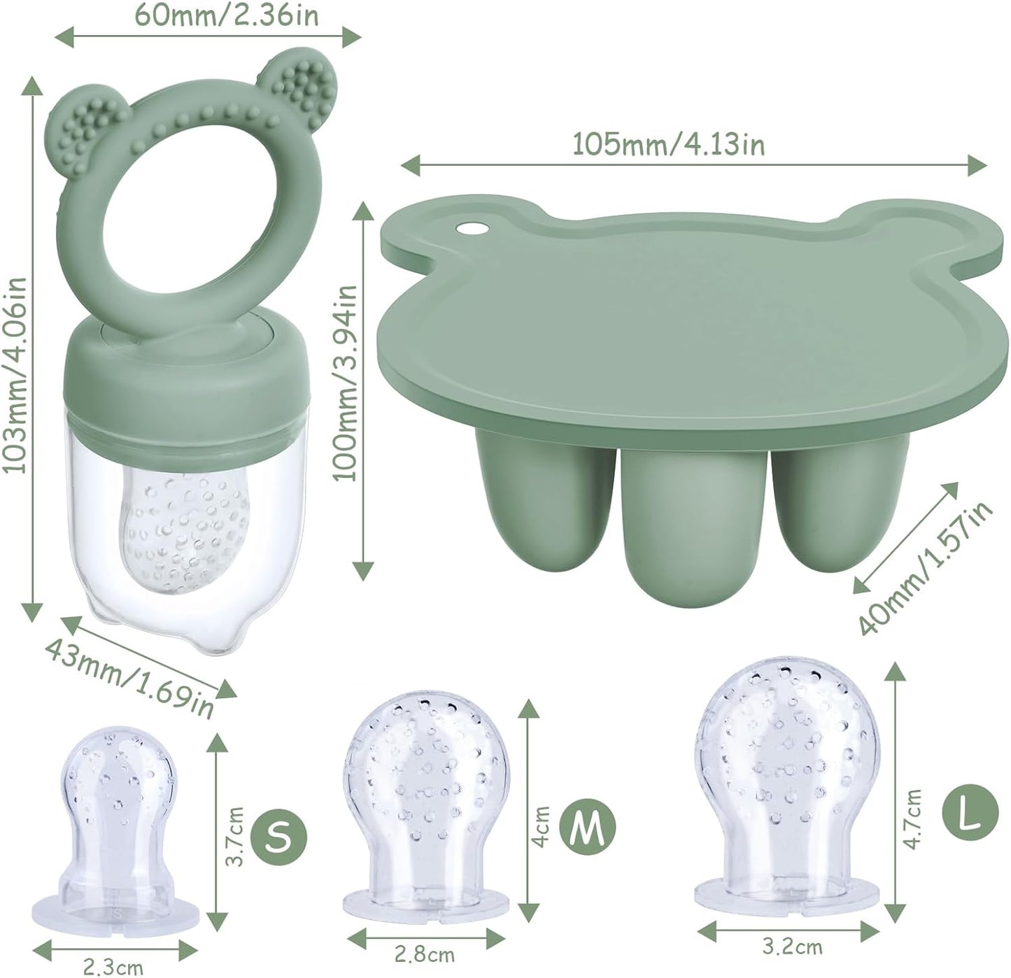 Aolso Baby fruktmat matare set, silikon baby fruktmatare napp & bröstmjölk glassformar mat frysbrickor, barnmat förvaringsbehållare matare för säker spädbarn självmatning (grön)