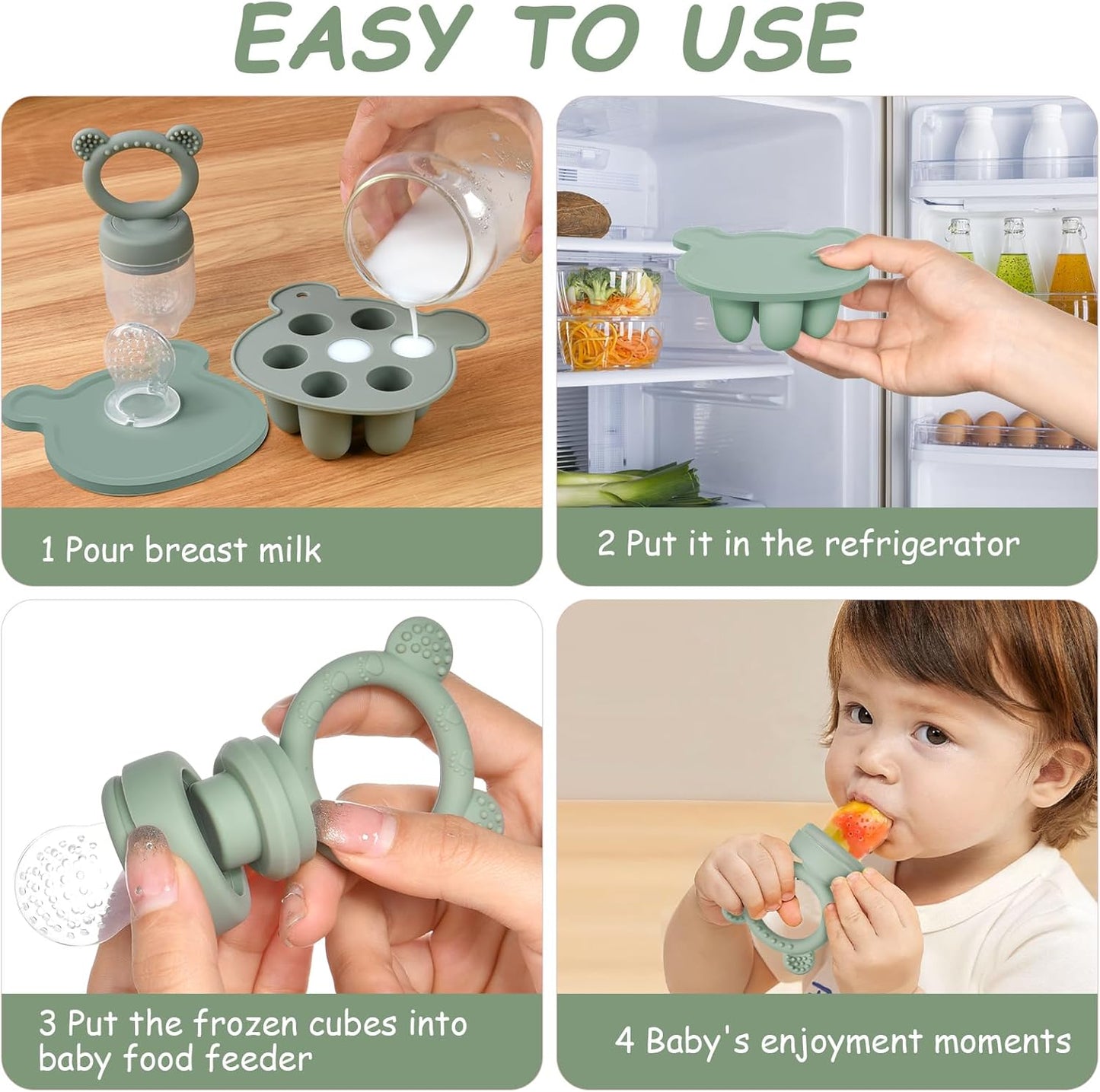 Aolso Baby fruktmat matare set, silikon baby fruktmatare napp & bröstmjölk glassformar mat frysbrickor, barnmat förvaringsbehållare matare för säker spädbarn självmatning (grön)