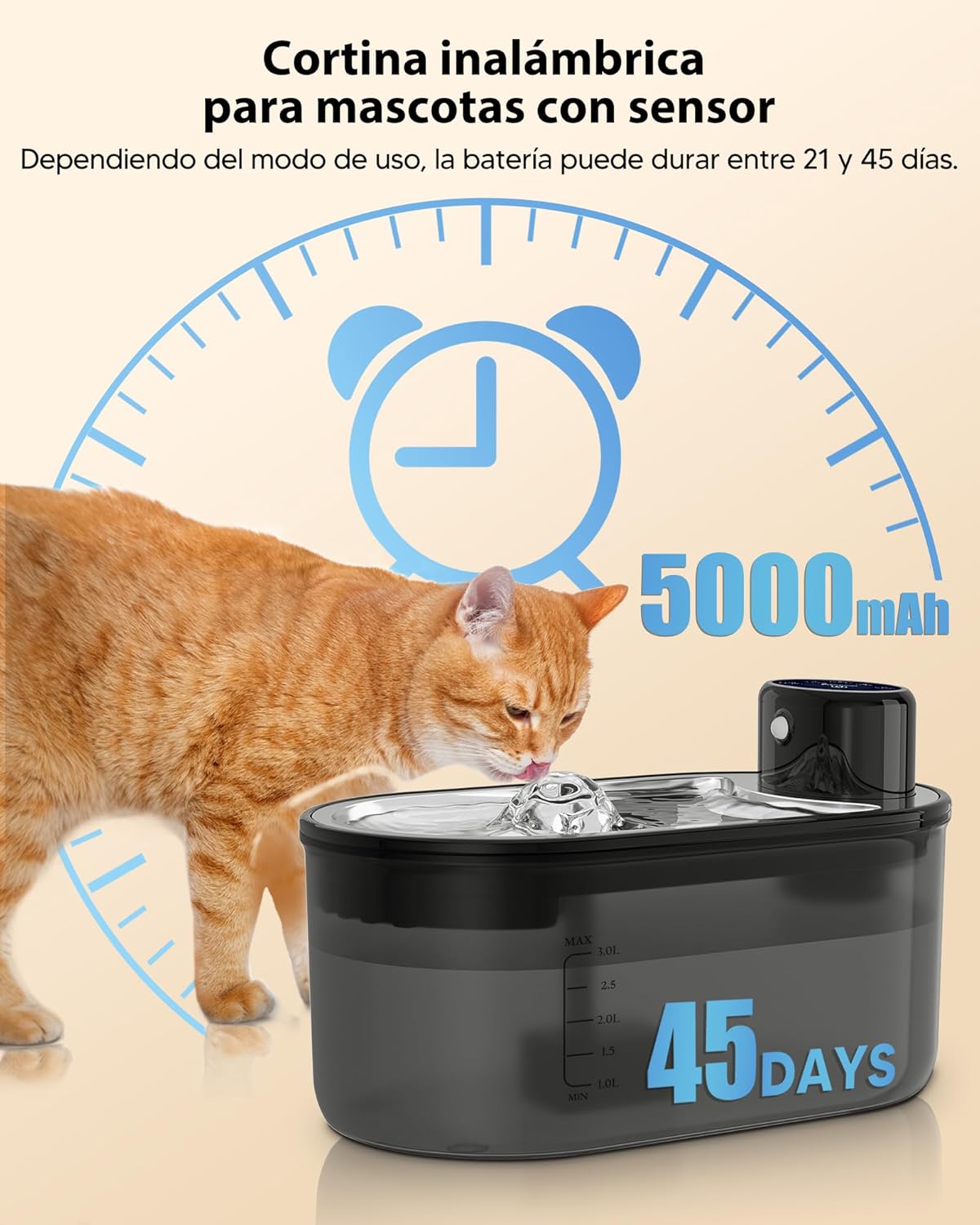 TOMXCUTE 3.0L Fontana per gatti a batteria senza fili con sensore di movimento, batteria ricaricabile da 5000mAh Controlli rimovibili - Nero P9