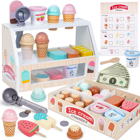 Wooden Ice Cream Counter Playset for Kids, Toddler Girl Toys Kitchen Playset Pretend Play Gifts for 3 4 5 6 Year Old Girl or Boy, Play Food Scoop and Serve, Play Kitchen Sets for Kids Ages 4-8