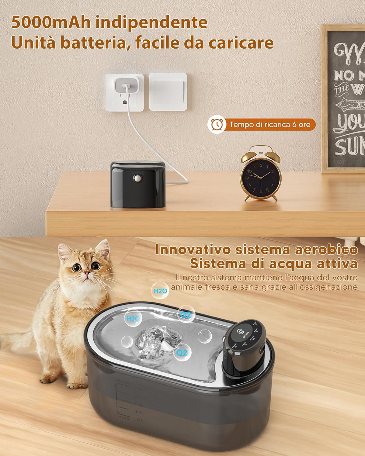 TOMXCUTE 3.0L Fontana per gatti a batteria senza fili con sensore di movimento, batteria ricaricabile da 5000mAh Controlli rimovibili - Nero P9