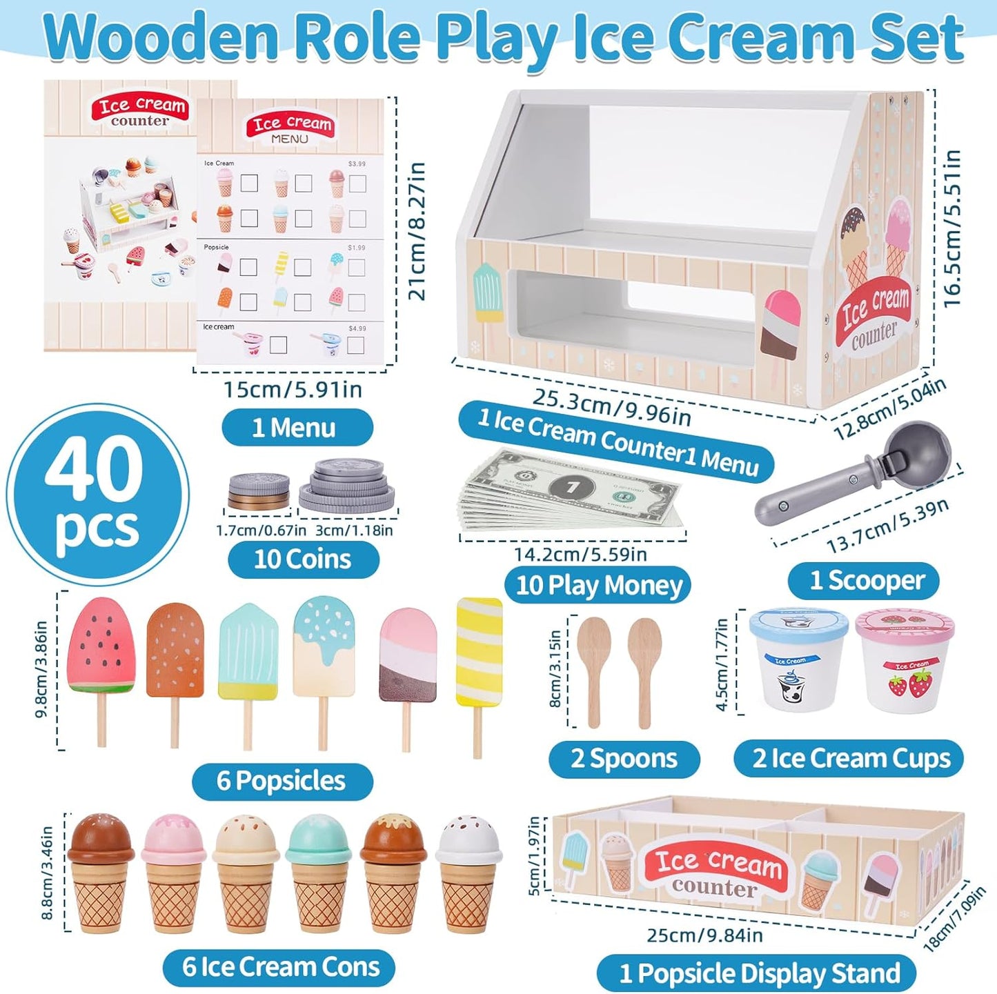 Wooden Ice Cream Counter Playset for Kids, Toddler Girl Toys Kitchen Playset Pretend Play Gifts for 3 4 5 6 Year Old Girl or Boy, Play Food Scoop and Serve, Play Kitchen Sets for Kids Ages 4-8