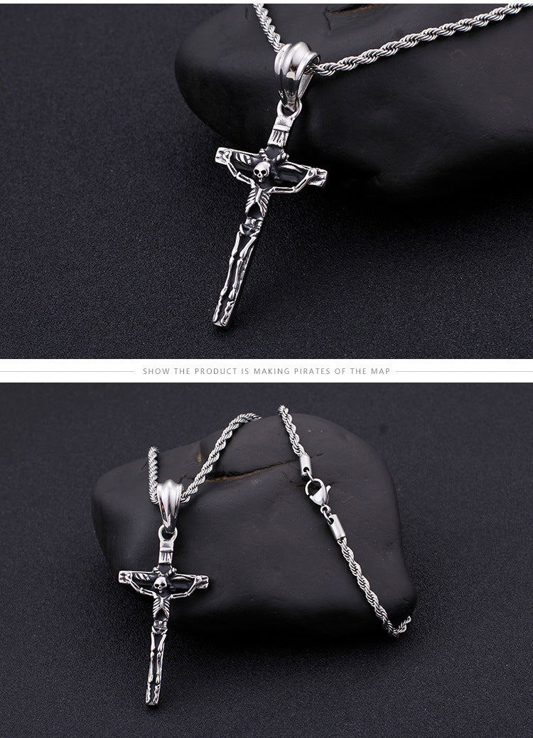 Retro Fashion Jewelry Cross Pendant Personality Cool Skull Men's Stainless Steel Pendant 20g