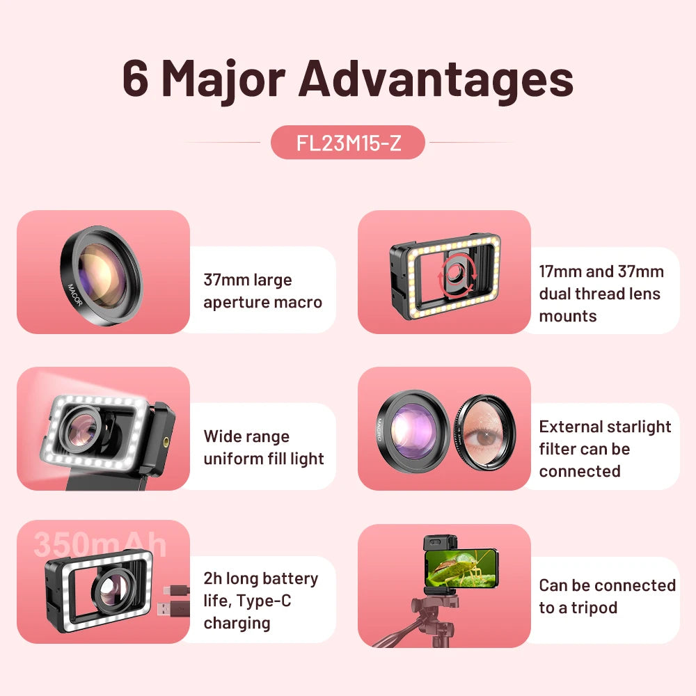 APEXEL New Upgraded HD 15x Super macro lens With LED Fill Light Universal Clamp Micro Lenses for iPhone Samsung all Smartphones