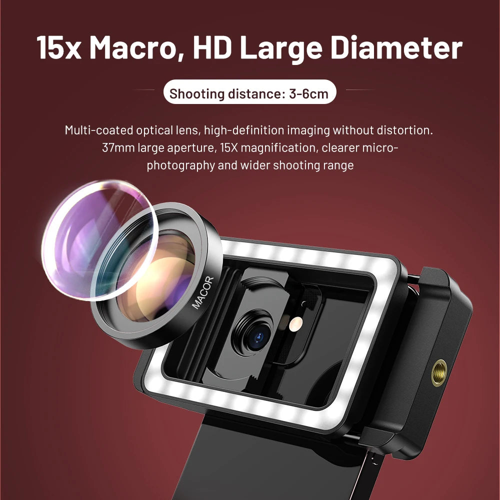 APEXEL New Upgraded HD 15x Super macro lens With LED Fill Light Universal Clamp Micro Lenses for iPhone Samsung all Smartphones