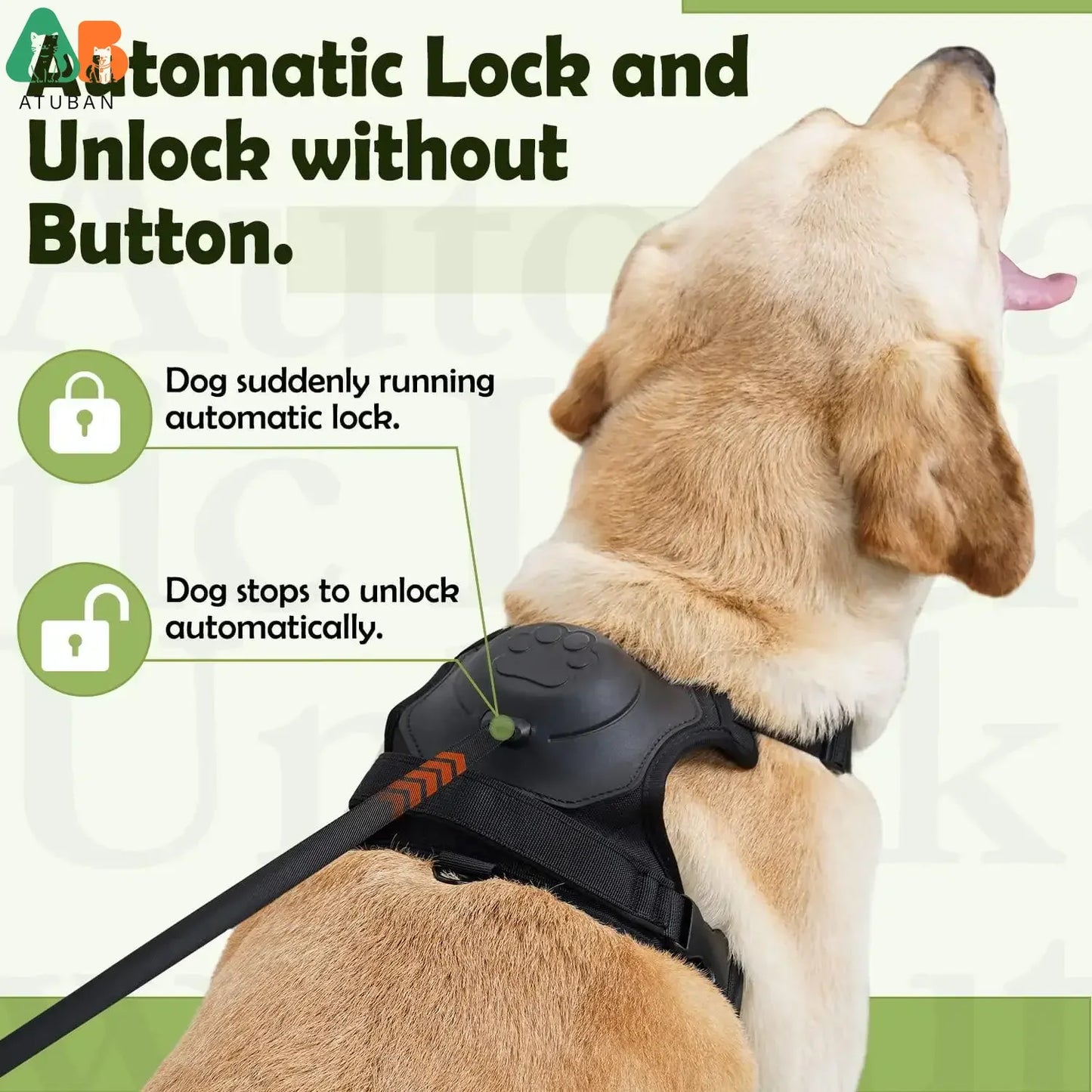 ATUBAN 2-in-1 Dog Harness,No Pull Pet Harness with Self-shrinking Leash,Auto Lock Function to Stop Dog Suddenly Running,Training