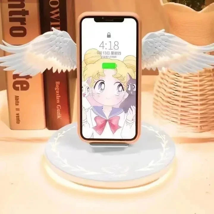 Angel Wings QI Phone Fast Charge 10W Wireless Charger Creative Movable Wing Shape with Breathing Light and Music Function Gift