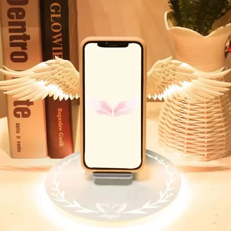 Angel Wings QI Phone Fast Charge 10W Wireless Charger Creative Movable Wing Shape with Breathing Light and Music Function Gift