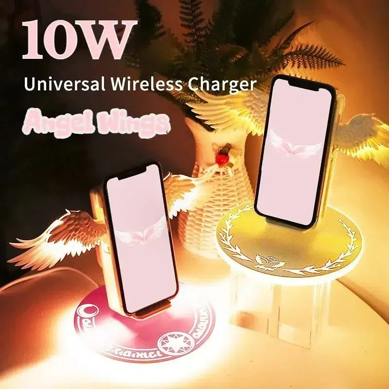 Angel Wings QI Phone Fast Charge 10W Wireless Charger Creative Movable Wing Shape with Breathing Light and Music Function Gift