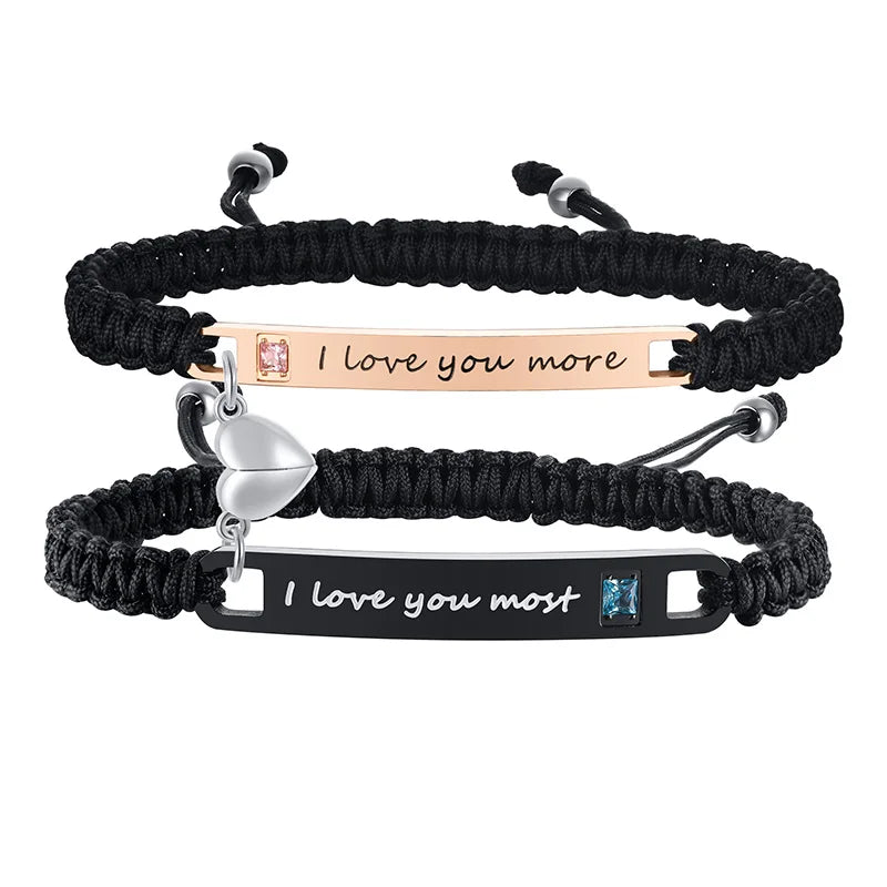 Braccialetti magnetici per coppie braccialetti magnetici fatti a mano a forma di cuore intrecciati, 2 pezzi Set braccialetti in corda regalo di anniversario