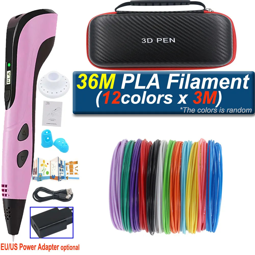 Children's 3D Pen with LCD Display Power Adapter Travel Case Colored PLA Filament Christmas Birthday DIY Gift for Boys and Girls