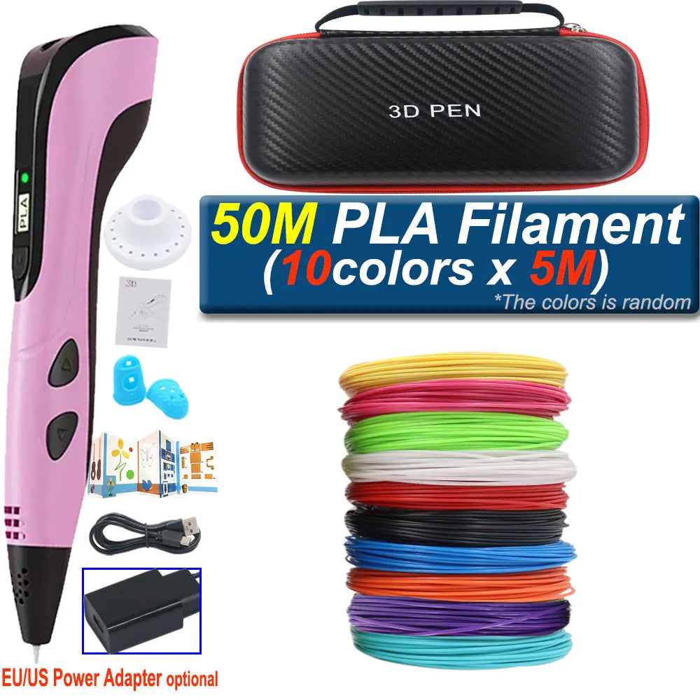 Children's 3D Pen with LCD Display Power Adapter Travel Case Colored PLA Filament Christmas Birthday DIY Gift for Boys and Girls