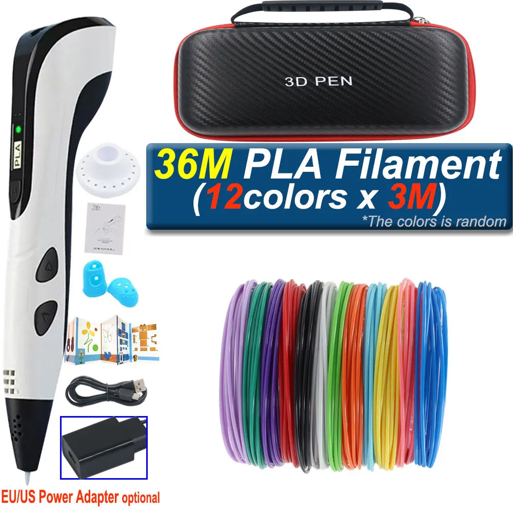 Children's 3D Pen with LCD Display Power Adapter Travel Case Colored PLA Filament Christmas Birthday DIY Gift for Boys and Girls