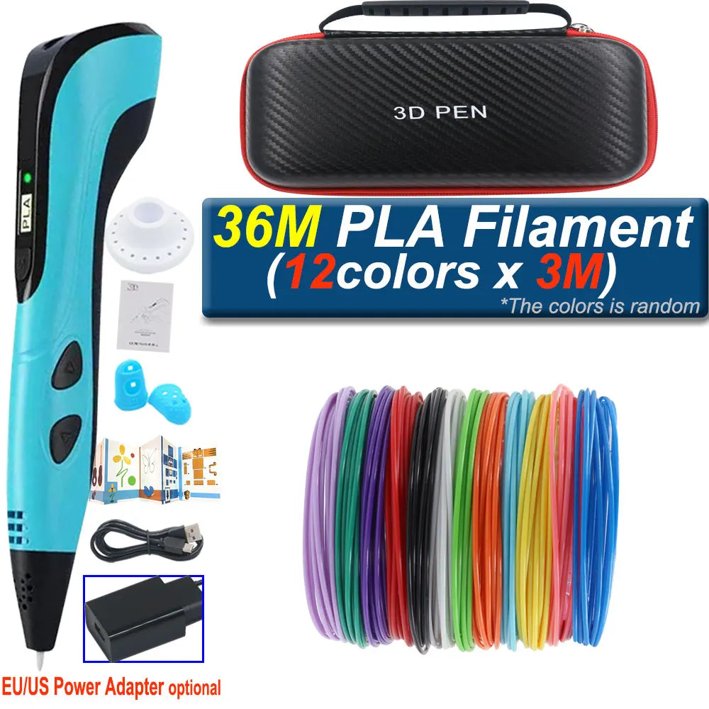 Children's 3D Pen with LCD Display Power Adapter Travel Case Colored PLA Filament Christmas Birthday DIY Gift for Boys and Girls