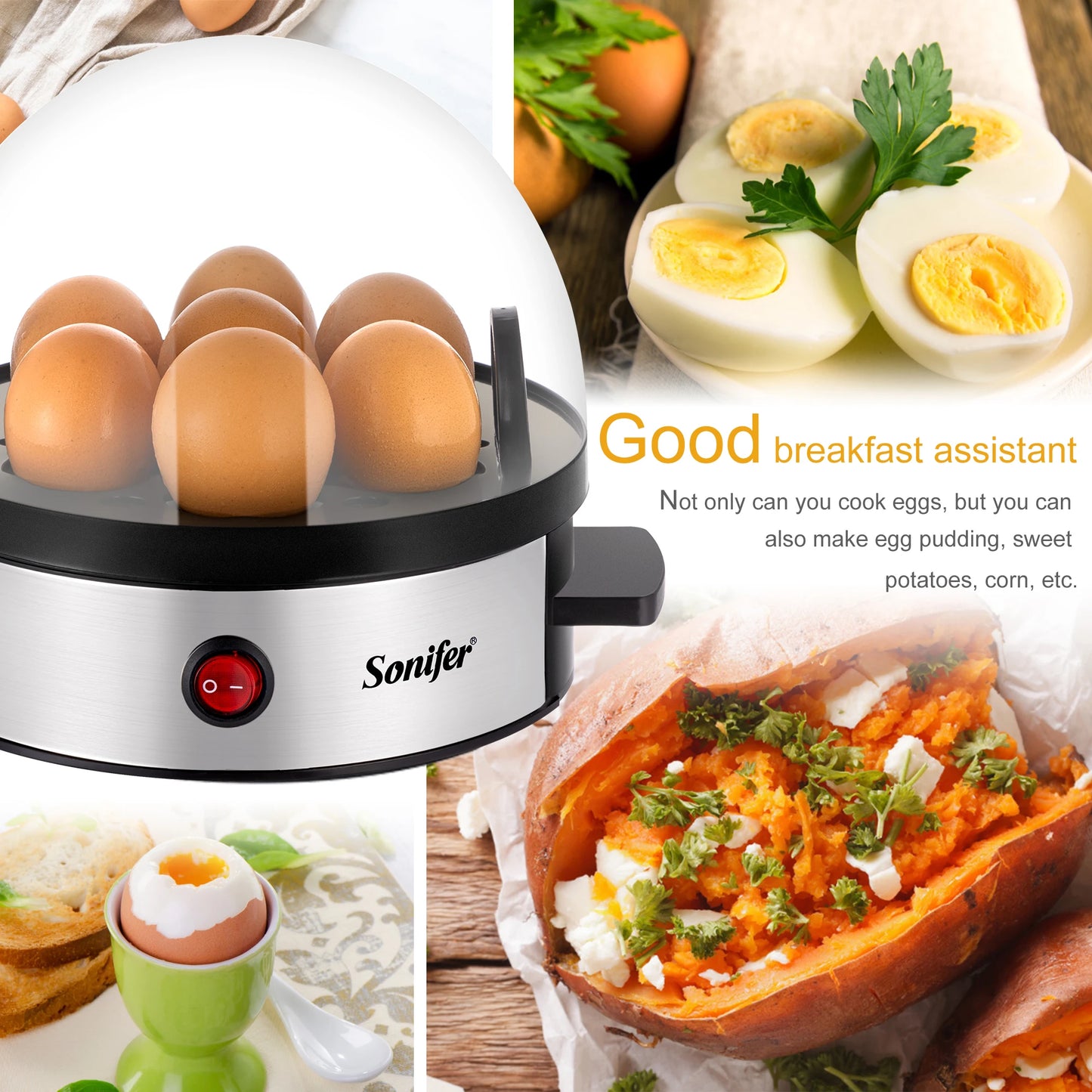 Comodo cuociuova elettrico cuociuova 7 pezzi Egg SteamerEgg CookerKitchen Cooking ToolsEgg CookerAuto-Off funzione 350W Sonifer