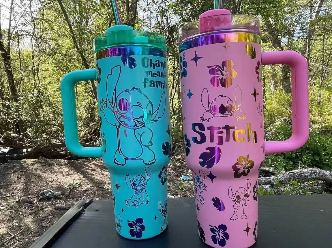 Disney Stitch Handle Straw Lid Stainless Steel Cup Thermal 40oz Vacuum Insulated Car Mug with Straw CoffeeTravel Thermal mug