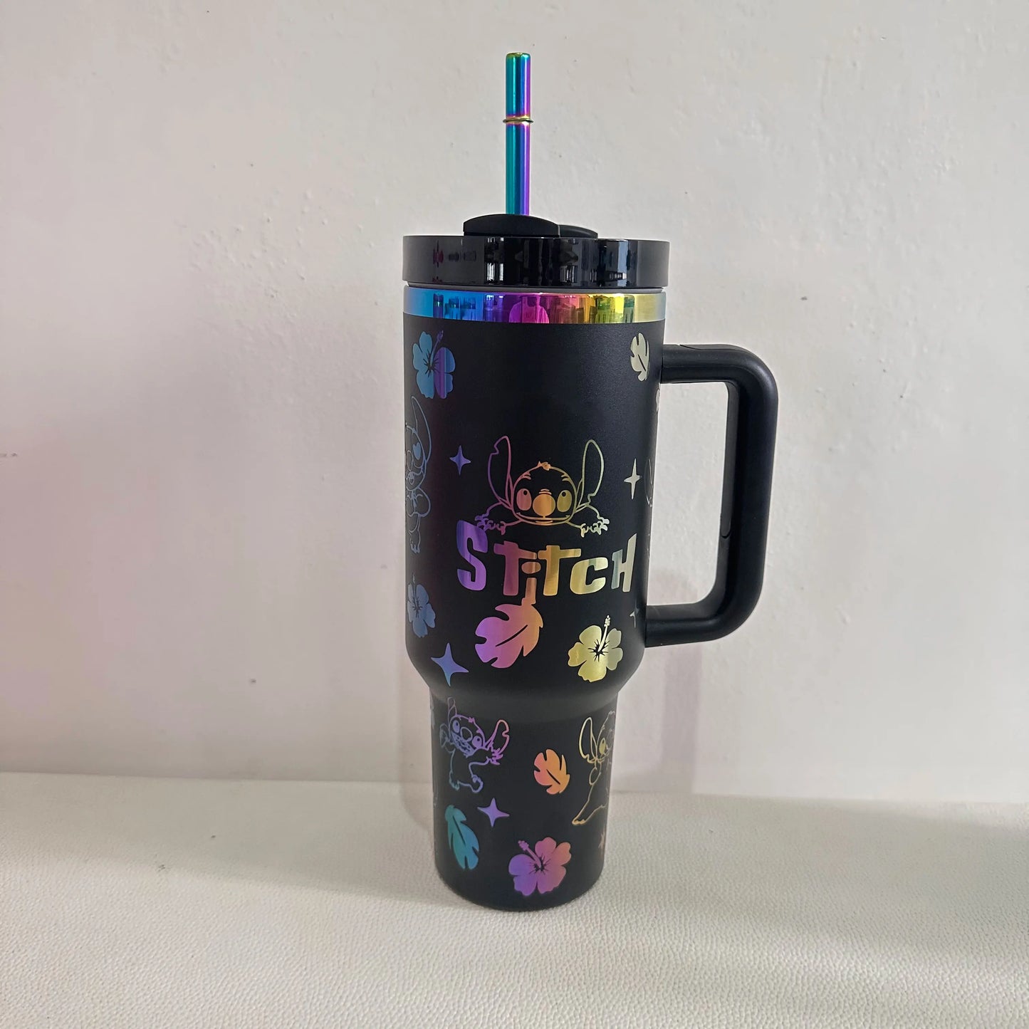 Disney Stitch Handle Straw Lid Stainless Steel Cup Thermal 40oz Vacuum Insulated Car Mug with Straw CoffeeTravel Thermal mug