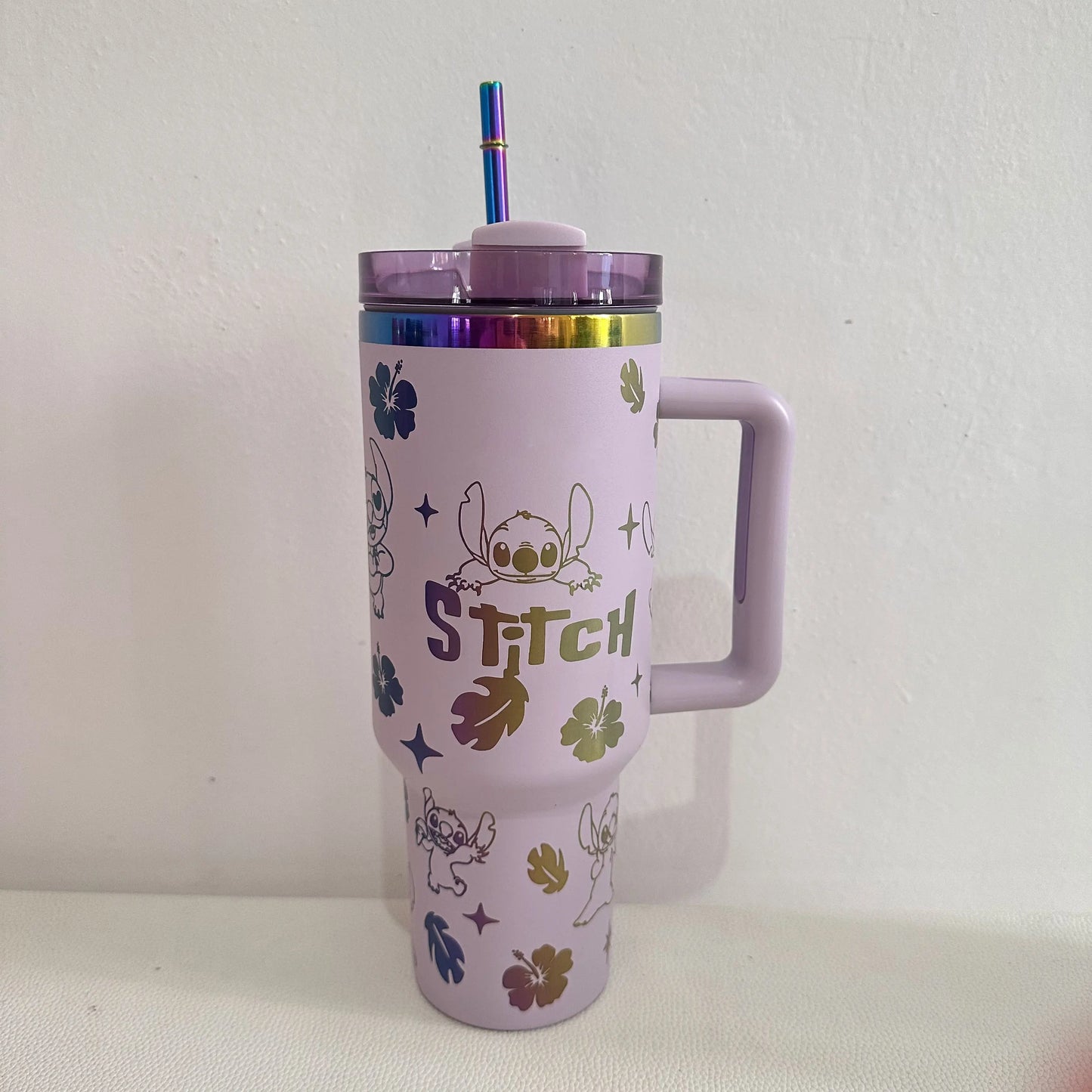 Disney Stitch Handle Straw Lid Stainless Steel Cup Thermal 40oz Vacuum Insulated Car Mug with Straw CoffeeTravel Thermal mug