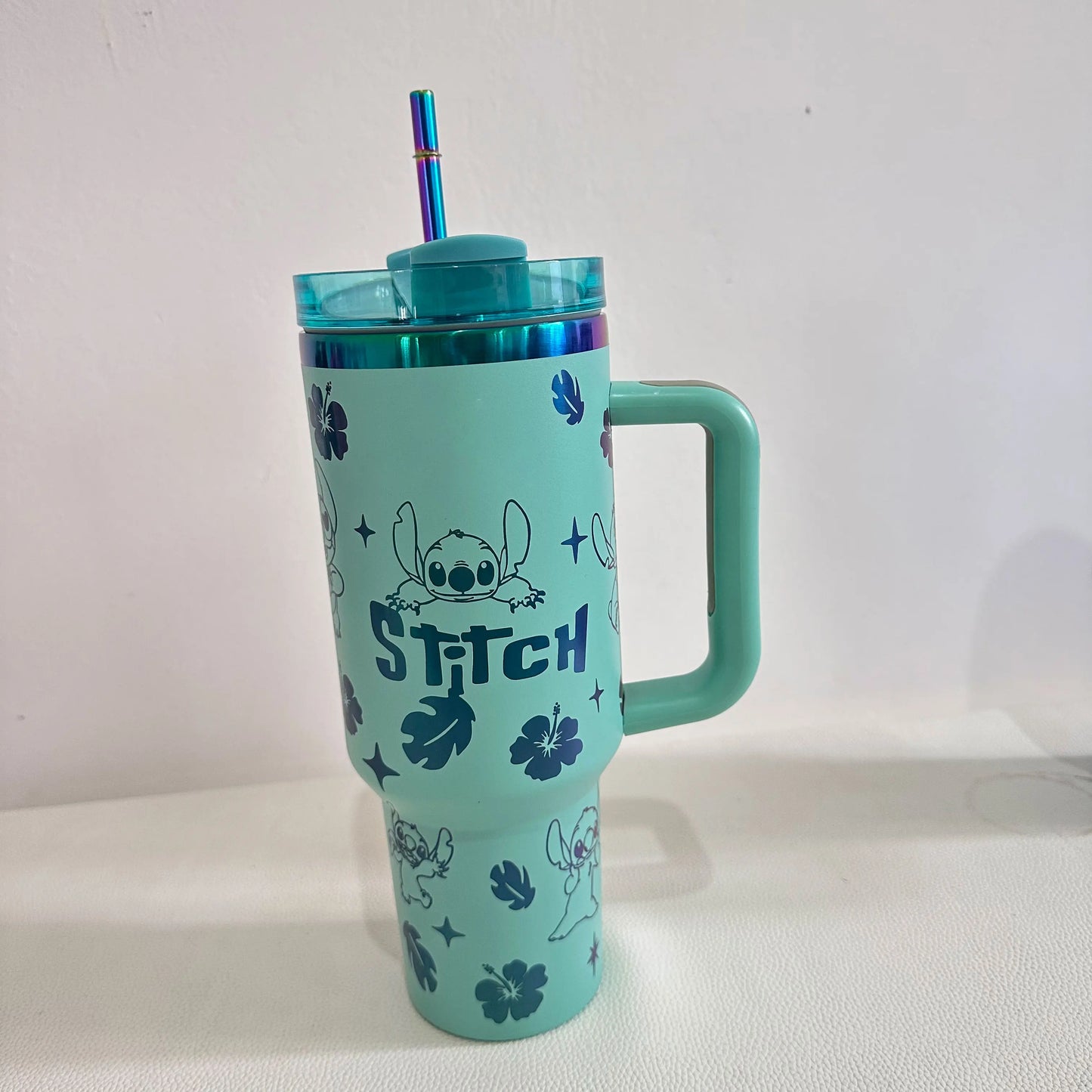 Disney Stitch Handle Straw Lid Stainless Steel Cup Thermal 40oz Vacuum Insulated Car Mug with Straw CoffeeTravel Thermal mug