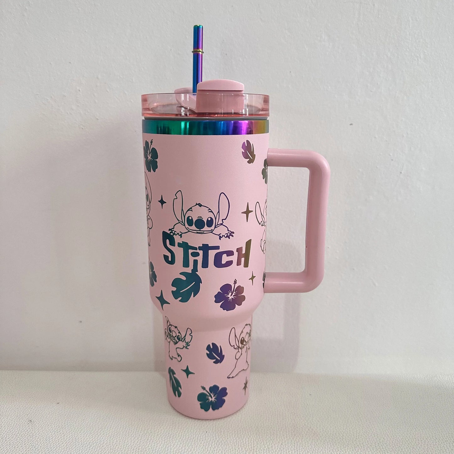 Disney Stitch Handle Straw Lid Stainless Steel Cup Thermal 40oz Vacuum Insulated Car Mug with Straw CoffeeTravel Thermal mug