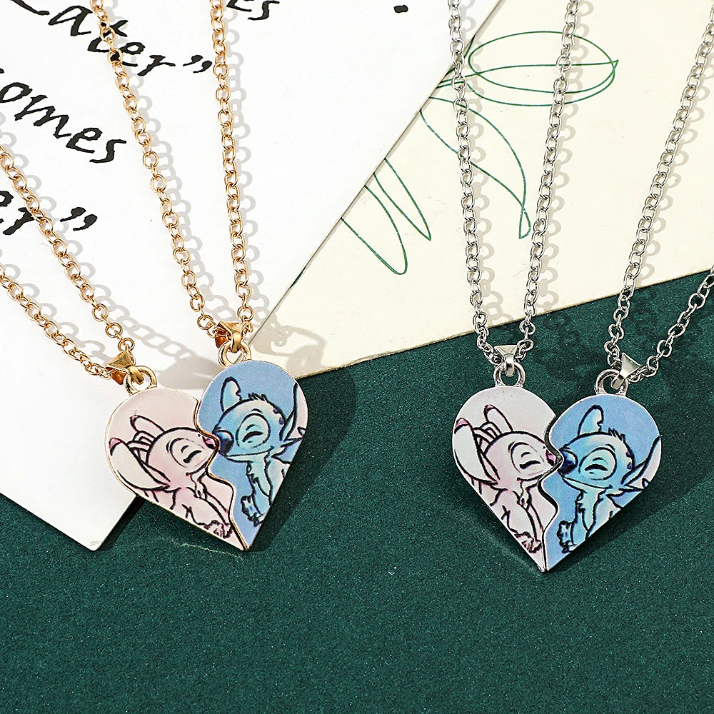 Disney-Stitch Heart Necklace for Couple, Gold and Silver Color, Angel and Stitch, Cute Style , Jewelry Pendant, Gift for Girl, 1