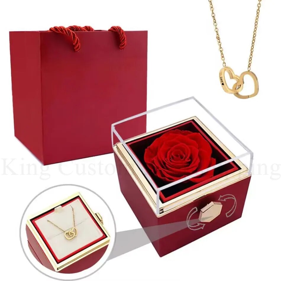 Double Heart  Custom engraved Name Steel Necklace Eternal Rose box for Women valentines Birthday Jewelry Real box