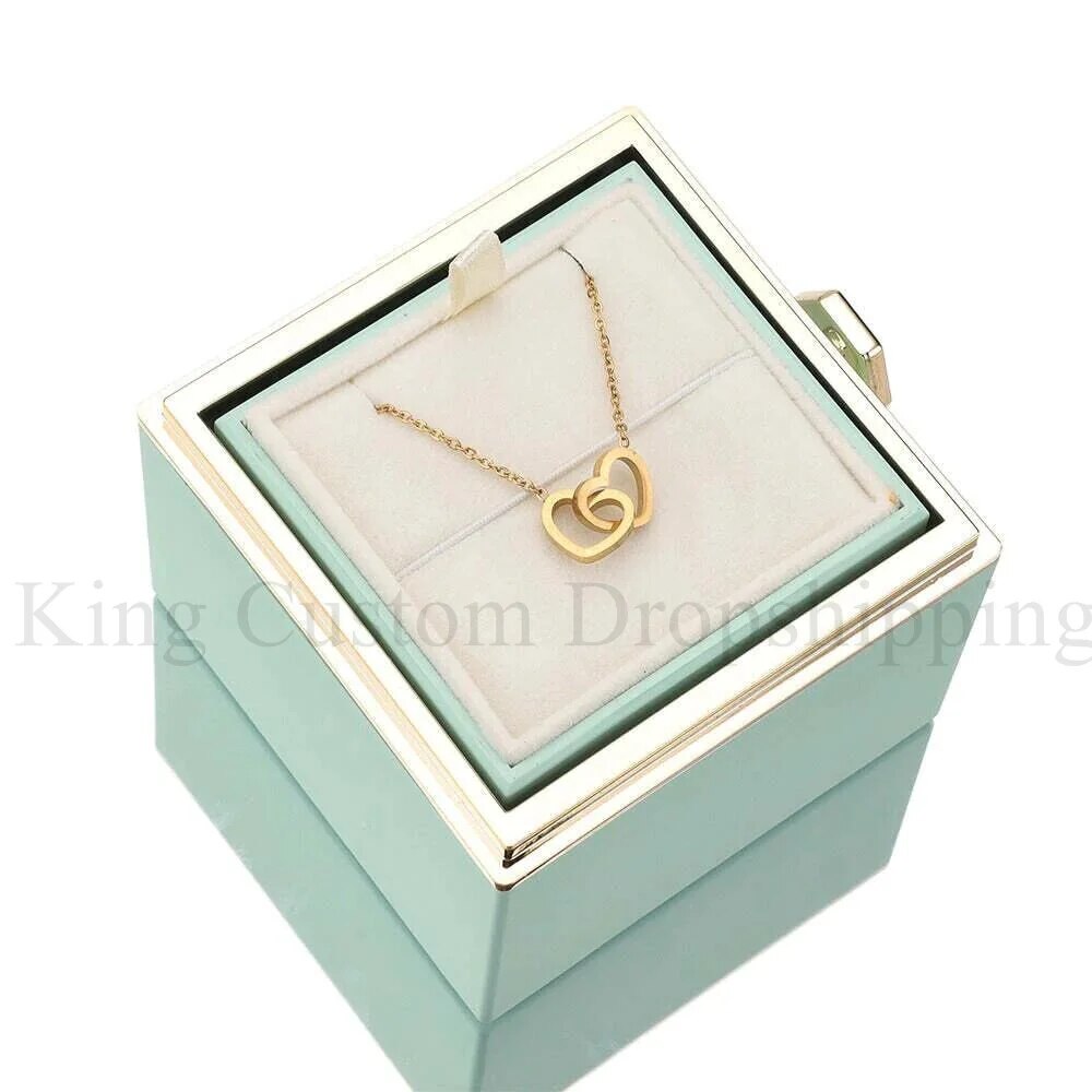 Double Heart  Custom engraved Name Steel Necklace Eternal Rose box for Women valentines Birthday Jewelry Real box