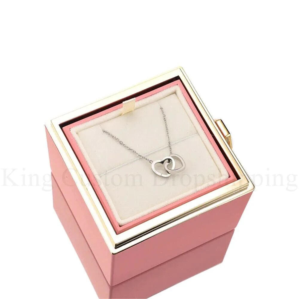 Double Heart  Custom engraved Name Steel Necklace Eternal Rose box for Women valentines Birthday Jewelry Real box