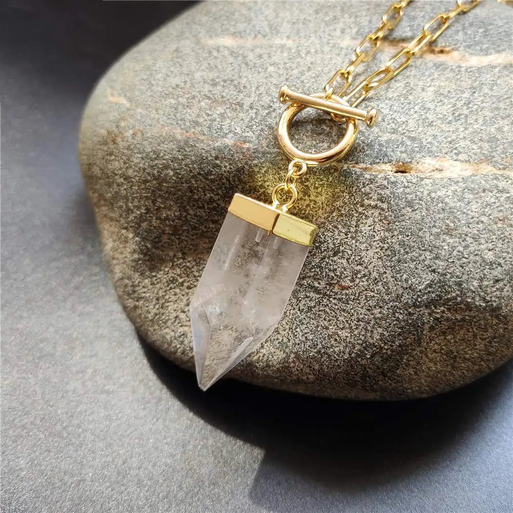 FUWO 1PCS Natural Fluorite/ Rose/Clear Quartz OT Neckace, Mineral Crystal Point Lariat Link Necklace For Women NC411