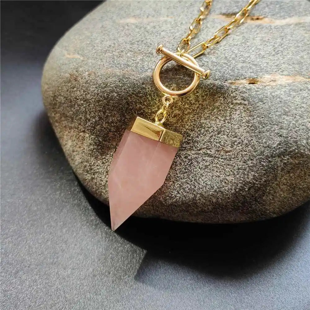 FUWO 1PCS Natural Fluorite/ Rose/Clear Quartz OT Neckace, Mineral Crystal Point Lariat Link Necklace For Women NC411