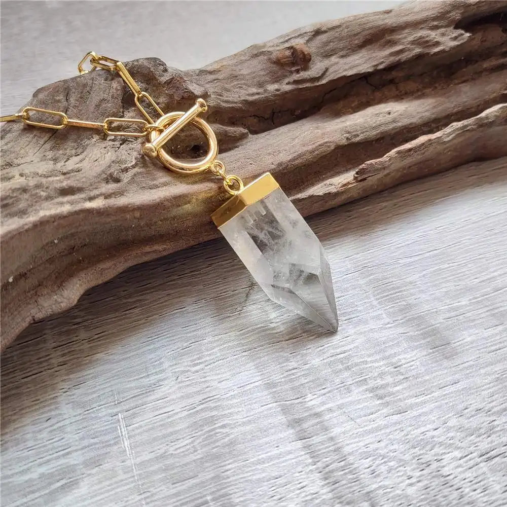 FUWO 1PCS Natural Fluorite/ Rose/Clear Quartz OT Neckace, Mineral Crystal Point Lariat Link Necklace For Women NC411