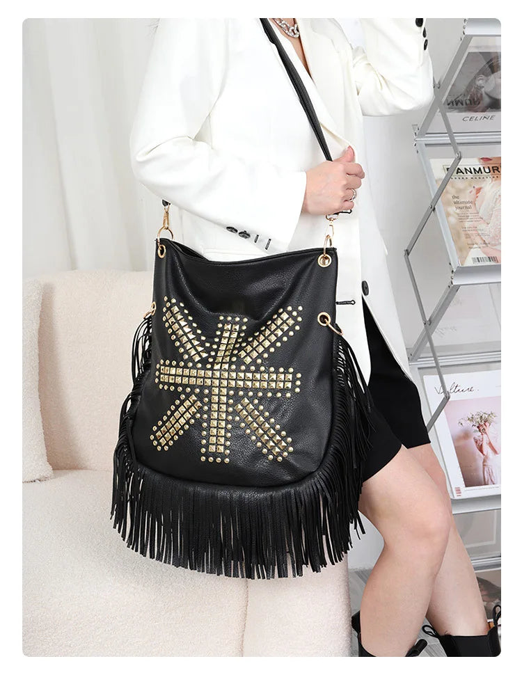 Fashion Rivet Crossbody Shoulder Bags For Women Brand Designer Large Capacity Ladies Handbags Long Tassel Female Messenger Bags