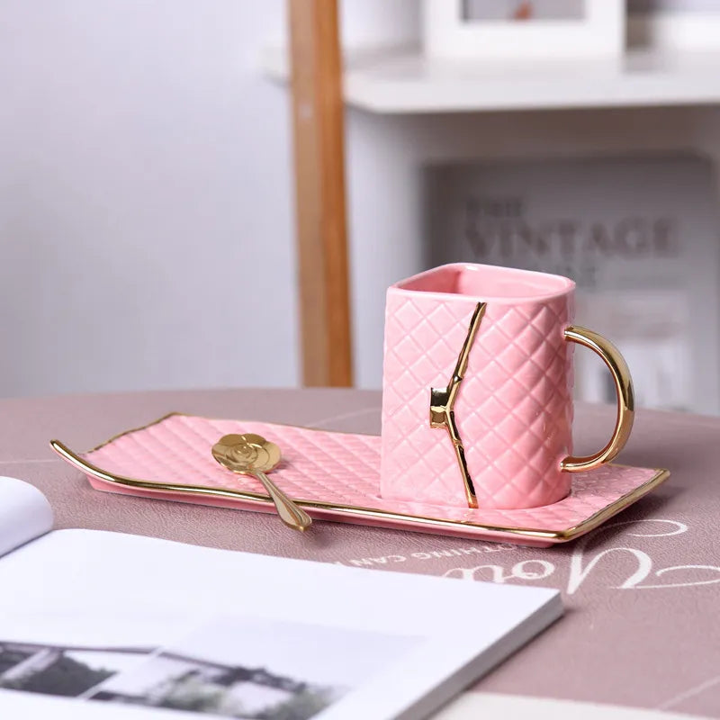 Gold Painted Coffee Cups and Saucer Set Bag Modeling Porcelain Teacup for Office Home